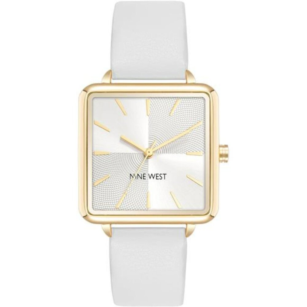 Nine West Womens Strap Watch Silver Dial Gold Markers White Faux Leather